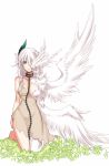  asymmetrical_wings bare_arms bare_shoulders barefoot breasts chain closed_mouth collar commentary_request grass green_eyes horns kneeling konshin large_breasts long_hair looking_at_viewer metal_collar multiple_wings original robe simple_background white_background white_hair wings 