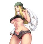  bandana blonde_hair blue_eyes breasts commentary_request covered_nipples denim denim_shorts fullmetal_alchemist green_bandana groin jacket large_breasts long_hair navel open_fly parted_lips shorts shu-mai solo thighs underboob white_jacket winry_rockbell 