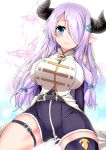  arms_behind_back bare_shoulders belt blue_eyes blush breasts commentary_request draph elbow_gloves gloves granblue_fantasy hair_ornament hair_over_one_eye horns large_breasts lavender_hair long_hair looking_at_viewer narmaya_(granblue_fantasy) pointy_ears semikichi sitting smile solo thigh_strap 