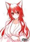  breasts cleavage commentary_request dated flying_sweatdrops konshin long_hair looking_at_viewer original parted_lips red_eyes red_hair signature simple_background solo sweatdrop upper_body white_background 
