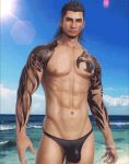  1boy 3d abs beach bulge crotch final_fantasy_xv gladiolus_amicitia male_focus nipples ocean outdoors scar solo swimwear topless 