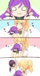  4koma :&lt; around_corner ayase_eli blazer blonde_hair blue_eyes blush bow bowtie caught character_doll closed_eyes comic commentary_request filming green_neckwear highres jacket kiss love_live! love_live!_school_idol_project mogu_(au1127) multiple_girls nesoberi o_o object_kiss otonokizaka_school_uniform panties peeking_out pink_scrunchie ponytail puchiguru_love_live! purple_hair school_uniform scrunchie short_sleeves sidelocks smile striped striped_neckwear sweatdrop sweater_vest toujou_nozomi translated twintails underwear v-shaped_eyebrows video_camera white_panties 