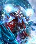 androgynous blue_eyes cape dragon gold_trim hands_up highres kei1115 long_hair magic male_focus monster official_art shingoku_no_valhalla_gate standing water water_dragon water_drop watermark white_cape white_hair wizard 