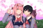  1girl bai_li_ji_yun bangs black_hair blue_eyes breasts cherry_blossoms chinese_commentary commentary_request couple darling_in_the_franxx green_eyes hair_ornament hairband hand_on_another's_shoulder hand_on_another's_stomach hetero highres hiro_(darling_in_the_franxx) horns long_hair long_sleeves looking_at_viewer medium_breasts military military_uniform necktie one_eye_closed oni_horns petals pink_hair red_horns red_neckwear tree uniform v white_hairband zero_two_(darling_in_the_franxx) 