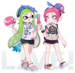  bandana captain_yue casual clothes_writing commentary fan fangs glowstick green_hair high_ponytail inkling looking_at_another multiple_girls octarian octoling open_mouth pink_hair pointy_ears ponytail sandals shoes short_shorts shorts simple_background sleeveless smile sneakers splatoon_(series) splatoon_2 studded_bracelet tentacle_hair white_background 
