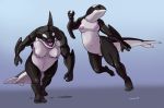  2018 anthro breasts cetacean duo female leucrotta mammal marine musclegut muscular muscular_female nipples nude open_mouth orca sharp_teeth simple_background slightly_chubby teeth whale 