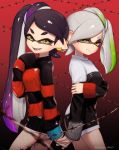  aori_(splatoon) barbed_wire black_hair closed_mouth cousins domino_mask earrings fangs gradient_hair green_hair holding_hands hotaru_(splatoon) japanese_clothes jewelry kimono long_sleeves looking_at_viewer mask mole mole_under_eye multicolored_hair open_mouth ponytail puchiman purple_hair side_ponytail silver_hair sleeves_past_wrists smile splatoon_(series) splatoon_1 sweater symbol-shaped_pupils tentacle_hair two-tone_hair 