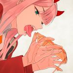  akagi_(fmttps) bangs commentary darling_in_the_franxx dirty dress eating fangs green_eyes hairband honey horns long_hair military military_uniform oni_horns open_mouth orange_neckwear pink_hair red_dress red_horns solo straight_hair tongue tongue_out uniform upper_body white_hairband zero_two_(darling_in_the_franxx) 