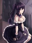  :d bangs black_dress black_gloves black_hair bow bowtie breasts choker cleavage dress eyebrows_visible_through_hair fingerless_gloves frilled_dress frills gloves hair_between_eyes highres long_hair medium_breasts moppo nail_polish open_mouth original purple_bow purple_eyes purple_neckwear red_nails scar sitting smile solo twintails 