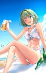  alcohol beach beach_towel beer bikini blue_eyes blush breasts cameltoe day green_hair idolmaster idolmaster_cinderella_girls jakelian looking_at_viewer mole mole_under_eye ocean one_eye_closed open_mouth outdoors short_hair sky smile solo swimsuit takagaki_kaede towel 