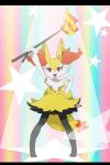 1girl animal_ears arm_up braixen fangs female fire fox_ears fox_tail full_body furry gen_6_pokemon hand_up hatenakayubi highres holding legs_apart letterboxed looking_at_viewer no_humans open_mouth outstretched_arm paws pigeon-toed pokemon pokemon_(creature) rainbow_background red_eyes smile solo standing star stick tail 