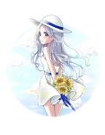  arms_behind_back bare_arms bare_shoulders blue_sky blush_stickers bouquet cloud cowboy_shot day dress flower from_behind hair_blowing hat hat_ribbon highres holding holding_bouquet long_hair looking_at_viewer looking_back miinya_(mimi-1109) original outdoors petals purple_eyes ribbon round_image silver_hair sky smile solo strapless strapless_dress summer sun_hat sundress sunflower wind 