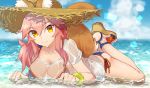  agsen animal_ear_fluff animal_ears bikini bikini_under_clothes blue_bikini breasts cleavage collarbone ears_through_headwear fate/grand_order fate_(series) fox_ears fox_tail hat large_breasts looking_at_viewer lying ocean on_stomach pink_hair platform_footwear sandals shirt side-tie_bikini solo straw_hat swimsuit tail tamamo_(fate)_(all) tamamo_no_mae_(swimsuit_lancer)_(fate) wet wet_clothes wet_shirt wet_t-shirt yellow_eyes 