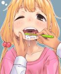  1girl black_eyes blonde_hair brushing_teeth collarbone futaba_anzu hair_bobbles hair_ornament idolmaster idolmaster_cinderella_girls long_hair low_twintails one_eye_closed pov pov_eye_contact solo_focus teeth tongue toothbrush toothpaste twintails upper_body uvula 