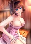  akeyama_kitsune aozaki_aoko blue_eyes blush breasts brown_hair cleavage collarbone commentary_request eyebrows_visible_through_hair hair_intakes hands_on_own_thighs large_breasts long_hair looking_at_viewer mahou_tsukai_no_yoru naked_towel ponytail sauna sideboob sitting solo steam sweat thighs tied_hair towel tsukihime wooden_wall 