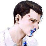  android blood blood_from_mouth blood_splatter bloody_clothes blue_blood brown_eyes brown_hair connor_(detroit) detroit:_become_human expressionless looking_at_viewer par. portrait shirt solo white_background white_shirt 