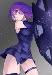  armor bare_shoulders black_armor black_gloves black_leotard breasts bright_pupils cowboy_shot elbow_gloves fate/grand_order fate_(series) gloves hair_over_one_eye highres holding holding_shield legs_apart leotard mash_kyrielight medium_breasts motu0505 parted_lips purple_eyes purple_hair shield short_hair solo standing thigh_strap thighs white_pupils 