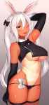  ;d animal_ears arm_up armpit_crease black_gloves black_panties bow bowtie breasts bunny_ears bunny_girl bunny_tail commentary_request covered_nipples cowboy_shot crop_top elbow_gloves fang fishnet_legwear fishnets gloves hair_between_eyes hair_bow highres large_breasts long_hair looking_at_viewer lowleg lowleg_panties mathew_(srmmk_mce) money money_hold navel one-piece_tan one_eye_closed open_mouth original panties sidelocks smile solo string_panties tail tan tanline thighhighs twintails underboob underwear very_long_hair white_hair yellow_eyes 
