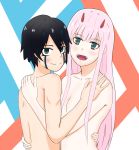  1girl bad_id bad_pixiv_id bangs black_hair blue_eyes blue_horns breasts commentary_request couple darling_in_the_franxx eyebrows_visible_through_hair facial_scar fangs green_eyes hand_on_another's_hip hand_on_another's_shoulder hetero highres hiro_(darling_in_the_franxx) horns hug long_hair looking_at_viewer medium_breasts nude oni_horns pink_hair red_horns scar user_yhxs5287 zero_two_(darling_in_the_franxx) 