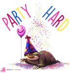  ambiguous_gender balloon brown_fur claws confetti cryptid-creations english_text feral fur grumpy hat mammal party_hat simple_background sloth smiley_face solo text white_background white_fur 