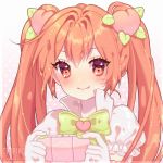  bangs blush bow brown_eyes chariko commission food_themed_hair_ornament hair_ornament long_hair looking_at_viewer orange_eyes orange_hair original peach_hair_ornament playing_games smile twintails upper_body yuzuki_airi 