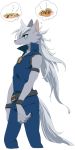  1boy animal_ears bare_shoulders belt blue_eyes blue_pants blue_sclera blue_shirt cropped_legs drooling fox_ears fox_tail full_body furry grey_hair hatenakayubi hungry long_hair looking_up male_focus no_humans pants saliva shirt simple_background sleeveless sleeveless_shirt smile_precure! solo standing tail thought_bubble wolfrun zipper_pull_tab 