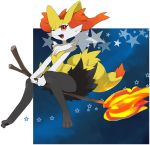  1girl animal_ears braixen broom_riding fang female fire fox_ears fox_tail full_body furry gen_6_pokemon hands_together hatenakayubi no_humans open_mouth paws pokemon pokemon_(creature) red_eyes smile solo star stick tail v_arms 