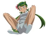  blush breasts closed_mouth dark_skin flower full_body green_eyes green_footwear green_hair hair_flower hair_ornament hands_on_own_knees headband long_hair looking_at_viewer mao_(pokemon) overalls pink_flower pokemon pokemon_(game) pokemon_sm shoes simple_background small_breasts smile solo spread_legs trg-_(sain) trial_captain twintails white_background 