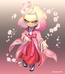  alternate_costume blush bow crown domino_mask floral_print flower full_body gradient_hair half-closed_eyes highres hime_(splatoon) japanese_clothes kimono long_sleeves mask mini_crown mole mole_under_mouth multicolored_hair petals pink_hair puchiman slippers smile splatoon_(series) splatoon_2 symbol-shaped_pupils tentacle_hair twitter_username two-tone_hair white_hair yellow_eyes 