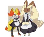  2girls animal_ears apron black_dress black_eyes black_footwear braixen brooch buneary bunny_ears clothed_pokemon crossed_arms doll dress female fox_ears fox_tail frilled_apron frills full_body gen_4_pokemon gen_6_pokemon hands_together hatenakayubi high_heels holding juliet_sleeves long_sleeves looking_at_viewer lopunny maid multiple_girls pokemon pokemon_(creature) puffy_long_sleeves puffy_sleeves red_eyes red_footwear red_sclera shoes short_dress simple_background smile standing stick tail two-tone_background v_arms white_apron 