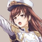  :d brown_eyes brown_hair earrings eyebrows_visible_through_hair floating_hair grey_background hat idolmaster idolmaster_cinderella_girls jewelry long_hair military military_hat military_uniform moppo nitta_minami open_mouth outstretched_arm seizon_honnou_valkyria smile solo uniform upper_body white_hat 
