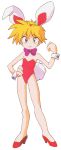  90s animal_ears bare_legs blonde_hair blue_eyes bow bowtie bunny_ears bunnysuit hand_on_hip high_heels keiou_yuugekitai leotard looking_at_viewer nanahikari_rami non-web_source official_art pumps red_footwear red_leotard short_hair simple_background smile solo standing white_background 