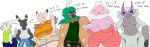  2018 anthro belly big_belly big_breasts big_butt breasts butt clefable clothed clothing cosmicscourge decidueye dress eeveelution fan_character female golisopod hair hair_bun huge_breasts jellicent looking_at_viewer male navel nintendo overweight pok&eacute;mon pok&eacute;mon_(species) shirt short_stack simple_background togedemaru umbreon video_games 