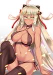  :o ahoge bikini black_bikini black_bow black_legwear bow breasts dark_skin fate/grand_order fate_(series) hair_between_eyes hair_bow hair_ornament highres large_breasts leg_up long_hair looking_at_viewer navel okita_souji_(alter)_(fate) okita_souji_(fate)_(all) sitting solo swimsuit takecha tan thighhighs tied_hair white_hair yellow_eyes 