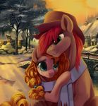  2017 bridge bright_mac_(mlp) building cowboy_hat duo earth_pony embrace equine eyebrows eyelashes female feral freckles friendship_is_magic green_eyes hair hair_tie hat hi_res hooves horse house husband_and_wife love male male/female mammal my_little_pony orange_hair outside pear_butter_(mlp) plant pony red_hair river scarf shared_scarf shrub sitting snow taneysha teal_eyes tree water winter 