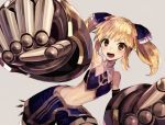  armored_gloves bare_shoulders blonde_hair collar dudou flat_chest gauntlets giant_fist gloves looking_at_viewer midriff mika_(under_night_in-birth) open_mouth short_twintails suzunashi twintails under_night_in-birth under_night_in-birth_exe:late[st] weapon yellow_eyes 