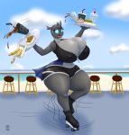  2018 absurd_res badgerben big_breasts big_butt blues64 breasts burger butt changeling cherry clothed clothing cloud digital_media_(artwork) female food fruit hi_res horn huge_breasts huge_butt my_little_pony nipple_bulge open_mouth outside rollerskates solo stool straw thick_thighs 