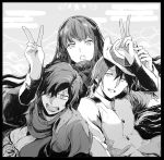  2boys anger_vein bangs buttons commentary_request double_v fate/grand_order fate_(series) greyscale hair_between_eyes hair_over_one_eye hat koha-ace long_hair long_sleeves looking_at_viewer monochrome multiple_boys okada_izou_(fate) open_mouth oryou_(fate) sakamoto_ryouma_(fate) star sweat syatey upper_body v 