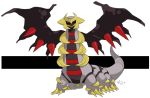  dragon full_body gen_4_pokemon giratina hatenakayubi japanese_text looking_at_viewer no_humans pokemon pokemon_(creature) red_eyes simple_background standing tail translated two-tone_background wings 