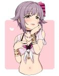 bangs bikini_top bow bracelet breasts brown_eyes chin_rest choker eyebrows_visible_through_hair hair_bow hair_flaps hair_intakes half-closed_eyes hand_on_own_chest hand_on_own_face heart_pendant idolmaster idolmaster_cinderella_girls idolmaster_cinderella_girls_starlight_stage jewelry koshimizu_sachiko lavender_hair lips looking_at_viewer midriff nail_polish navel necklace omaru_gyuunyuu pink_background pink_nails shirt short_hair shoulder_cutout small_breasts solo striped striped_bow tied_shirt upper_body 
