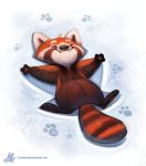  ambiguous_gender black_eyes black_fur brown_fur cryptid-creations feral footprint fur mammal red_fur red_panda smile snow snow_angel solo white_fur 