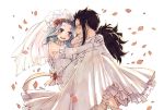  1girl :d black_hair blush bridal_veil brown_eyes carrying choker couple dress ear_piercing elbow_gloves eye_contact fairy_tail flower gajeel_redfox gloves green hair_flower hair_ornament hair_ribbon levy_mcgarden long_dress long_hair looking_at_another nose_piercing open_mouth petals piercing ponytail princess_carry pumps ribbon rusky signature sleeveless sleeveless_dress smile veil very_long_hair wedding_dress white_background white_flower white_footwear white_gloves white_ribbon 
