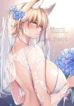  bangs bare_back blue_flower blush bouquet breasts bridal_veil bride commentary_request cover cover_page covered_nipples doujin_cover dress eyebrows_visible_through_hair eyelashes fingernails flower from_behind hair_between_eyes hair_flower hair_ornament half-closed_eyes highres holding holding_bouquet large_breasts lips looking_at_viewer looking_back nose original parted_lips pinky_out rating shiny shiny_skin short_hair solo strapless strapless_dress teeth upper_body veil wedding_dress white_dress yukibuster_z 
