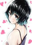  bare_shoulders blue_eyes blue_hair camisole commentary_request copyright_request from_side hair_between_eyes heart highres looking_at_viewer looking_to_the_side outline pink_x short_hair simple_background smile solo white_background 