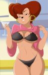  2018 anthro bedroom_eyes blurred_background bra breasts brown_hair canine cleavage clothed clothing disney dog ear_piercing evonallure female goof_troop hair half-closed_eyes holding_object legs_together mammal mature_female navel panties peg_pete piercing raised_clothing raised_shirt seductive shirt short_hair solo standing underwear 