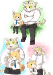  aggressive_retsuko anthro axaeldraw blush cat clothed clothing dress_shirt feline male male/male mammal manumaru necktie pallas&#039;s_cat phone red_panda resasuke sanrio shirt simple_background standing 