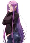  black_panties black_sweater commentary_request denim fate/stay_night fate_(series) glasses highres jeans lips long_hair open_clothes open_mouth panties pants purple_eyes purple_hair rider solo standing sweater taishi_(picchiridou) underwear 