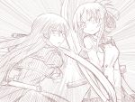  bangs battle clash duel frown glowing glowing_eyes hair_ornament hairclip holding holding_sword holding_weapon juujou_hiyori long_hair long_sleeves looking_at_another masarou minoseki_gakuin_uniform monochrome multiple_girls scabbard sheath sidelocks sketch sword toji_no_miko upper_body weapon yanase_mai 