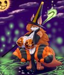  2017 absurd_res anthro areola armwear ber00 big_breasts black_nose blurred_background breasts brown_hair canine clothed clothing crouching elbow_gloves eyebrows eyelashes female fox gloves hair halloween hand_on_cheek hat hi_res holidays lactating loincloth long_hair looking_at_viewer magic magic_circle magic_user mammal milk navel night nipples open_mouth signature solo thick_thighs witch witch_hat 