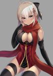  ahoge black_gloves black_legwear blush bow breasts cleavage cleavage_cutout dark_skin elbow_gloves fate/grand_order fate_(series) gloves grey_background hair_bow hair_ornament harimoji large_breasts looking_at_viewer okita_souji_(alter)_(fate) okita_souji_(fate)_(all) red_scarf scarf short_hair simple_background solo thighhighs white_hair yellow_eyes 